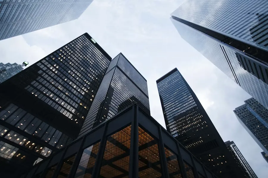 Skyscrapers in a major American city seen from below