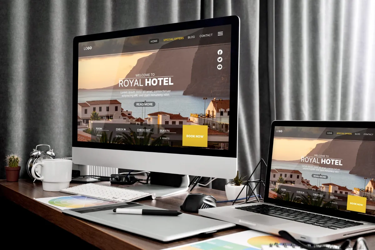 Responsive website design shown on a desktop monitor and a laptop