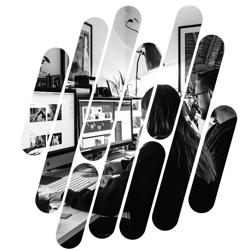 Black and white photo of designers working at their computers, cut into slanted shapes